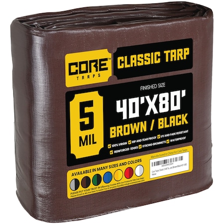 Core Tarps Heavy Duty Tarp, 80 ft L x 0.5 mm H x 40 ft W, 5 Mil, Brown/Black, Polyethylene CT-502-40X80